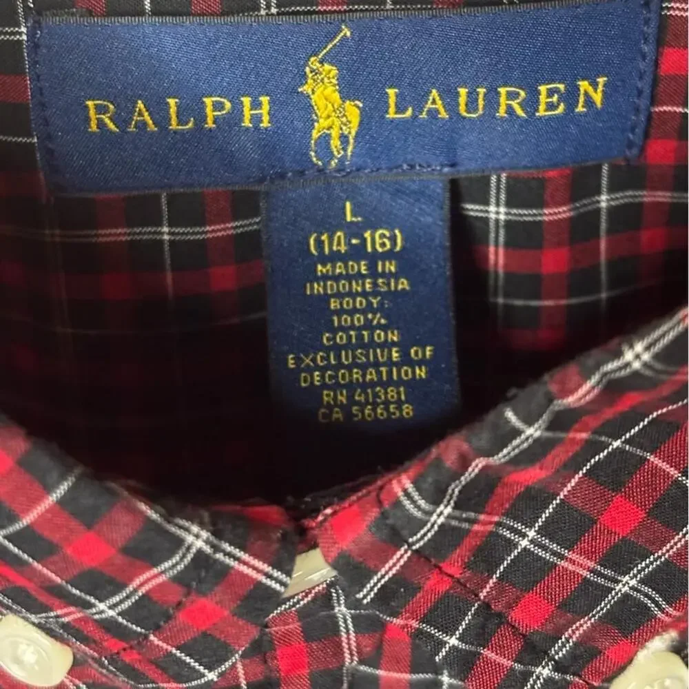 Ralph Lauren Boys Large 14-16 Plaid Button Down Shirt Red Black Check Cotton